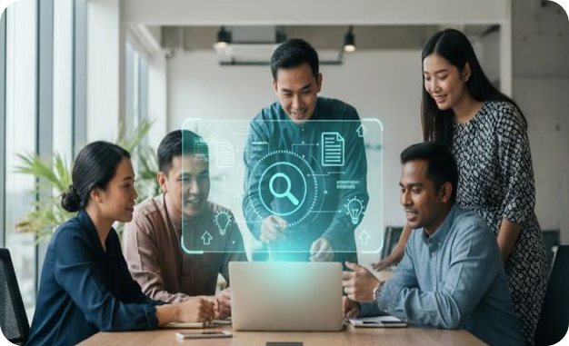 Team collaboration around laptop